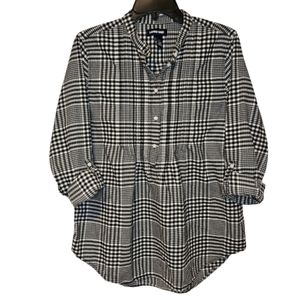 Lands' End Women's Long Sleeve Gingham Plaid Black and White Tunic Size 12